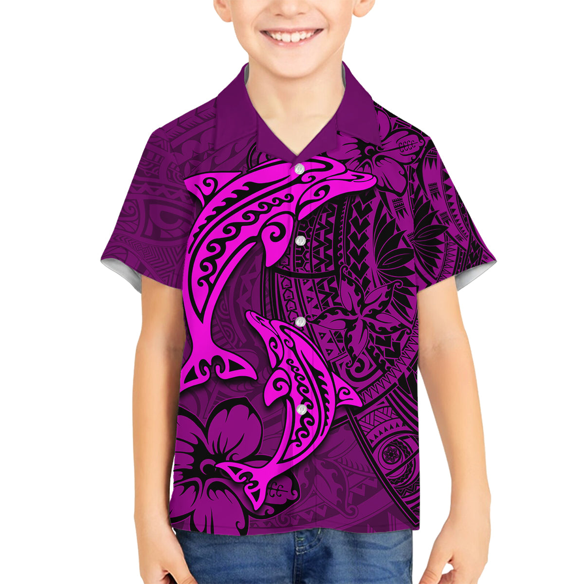Polynesian Dolphin Valentine Day Family Matching Long Sleeve Bodycon Dress and Hawaiian Shirt Hibiscus and Tribal Tattoo Pink Style LT03 Son's Shirt Pink - Polynesian Pride