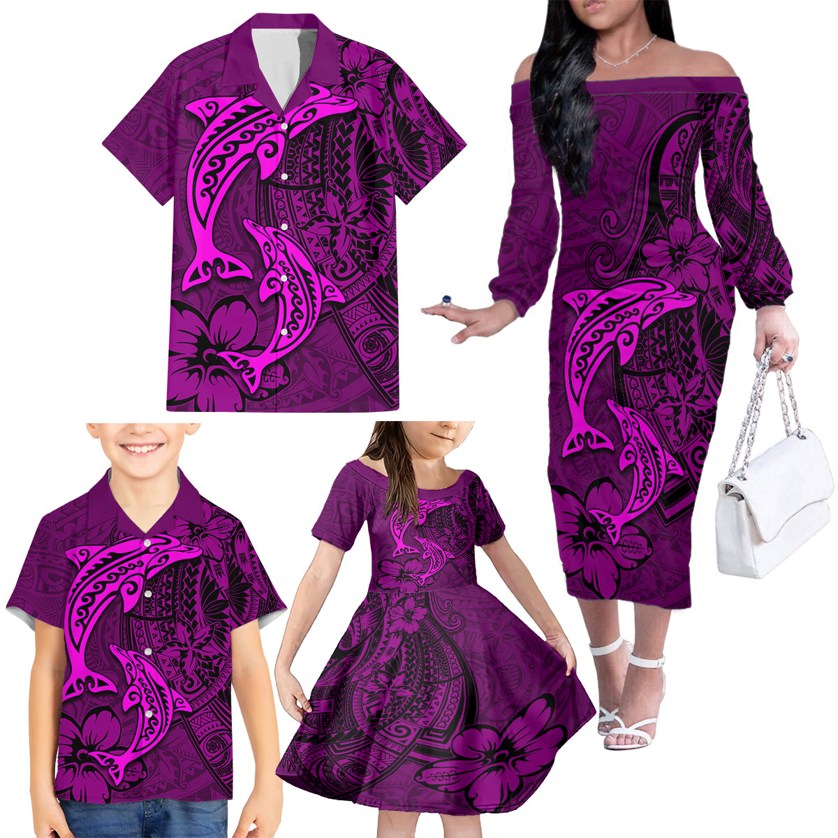 Polynesian Dolphin Valentine Day Family Matching Off Shoulder Long Sleeve Dress and Hawaiian Shirt Hibiscus and Tribal Tattoo Pink Style LT03 - Polynesian Pride