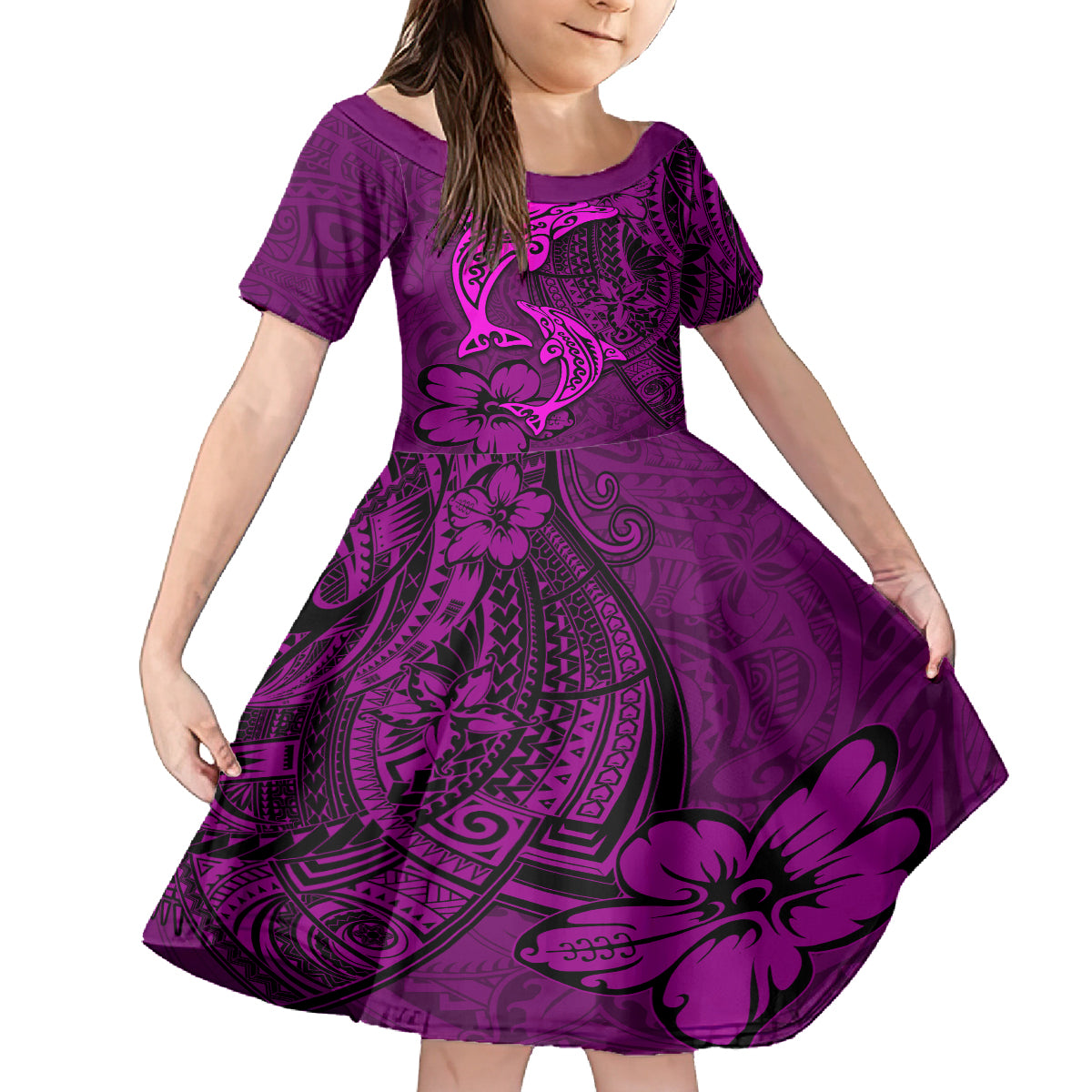 Polynesian Dolphin Valentine Day Family Matching Off Shoulder Short Dress and Hawaiian Shirt Hibiscus and Tribal Tattoo Pink Style LT03 Daughter's Dress Pink - Polynesian Pride