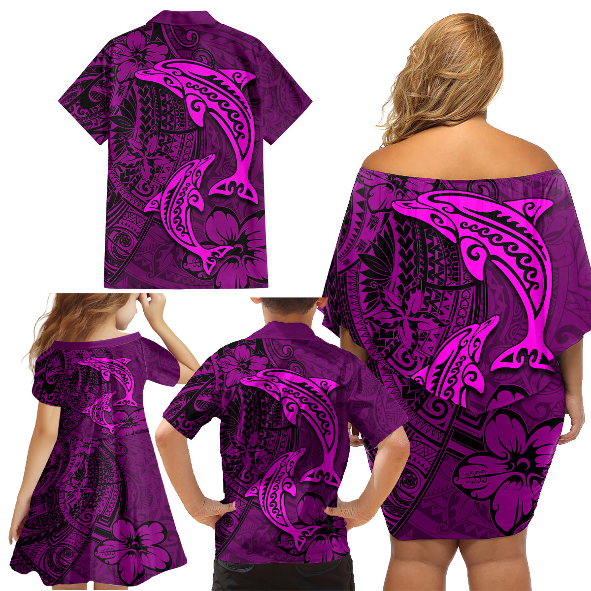 Polynesian Dolphin Valentine Day Family Matching Off Shoulder Short Dress and Hawaiian Shirt Hibiscus and Tribal Tattoo Pink Style LT03 - Polynesian Pride
