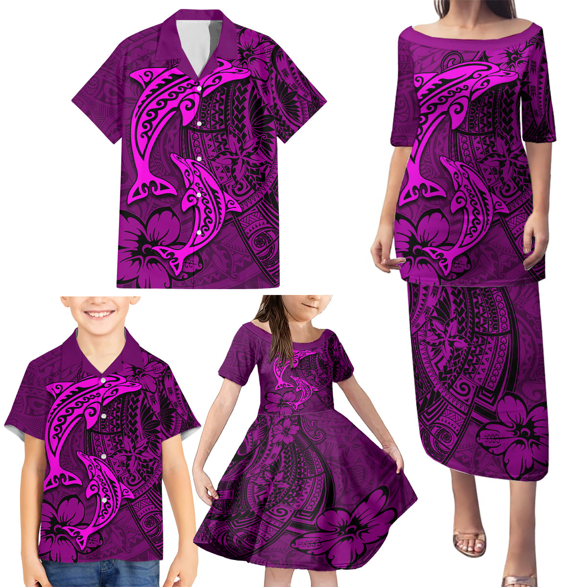 Polynesian Dolphin Valentine Day Family Matching Puletasi and Hawaiian Shirt Hibiscus and Tribal Tattoo Pink Style LT03 - Polynesian Pride