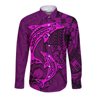 Polynesian Dolphin Valentine Day Long Sleeve Button Shirt Hibiscus and Tribal Tattoo Pink Style LT03 Unisex Pink - Polynesian Pride