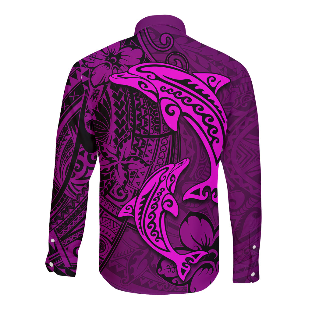 Polynesian Dolphin Valentine Day Long Sleeve Button Shirt Hibiscus and Tribal Tattoo Pink Style LT03 - Polynesian Pride