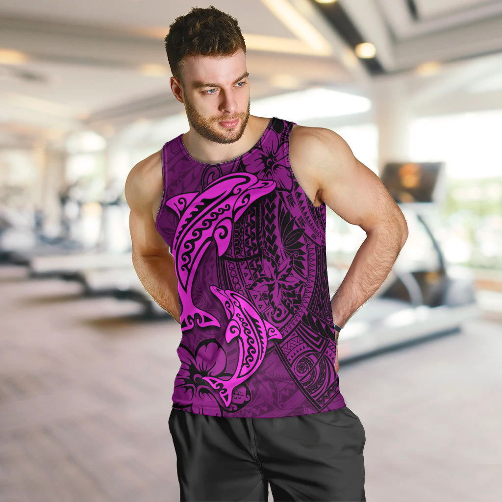 Polynesian Dolphin Valentine Day Men Tank Top Hibiscus and Tribal Tattoo Pink Style LT03 Pink - Polynesian Pride