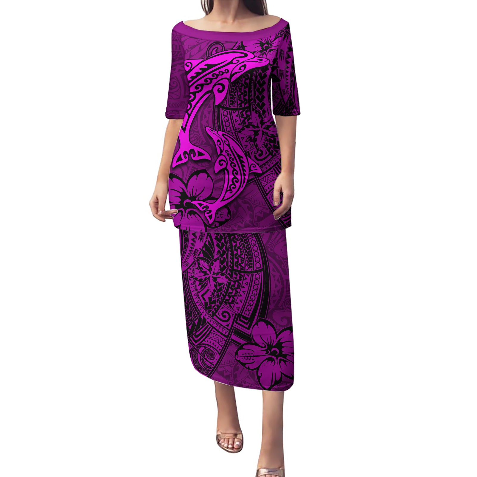 Polynesian Dolphin Valentine Day Puletasi Hibiscus and Tribal Tattoo Pink Style LT03 Long Dress Pink - Polynesian Pride