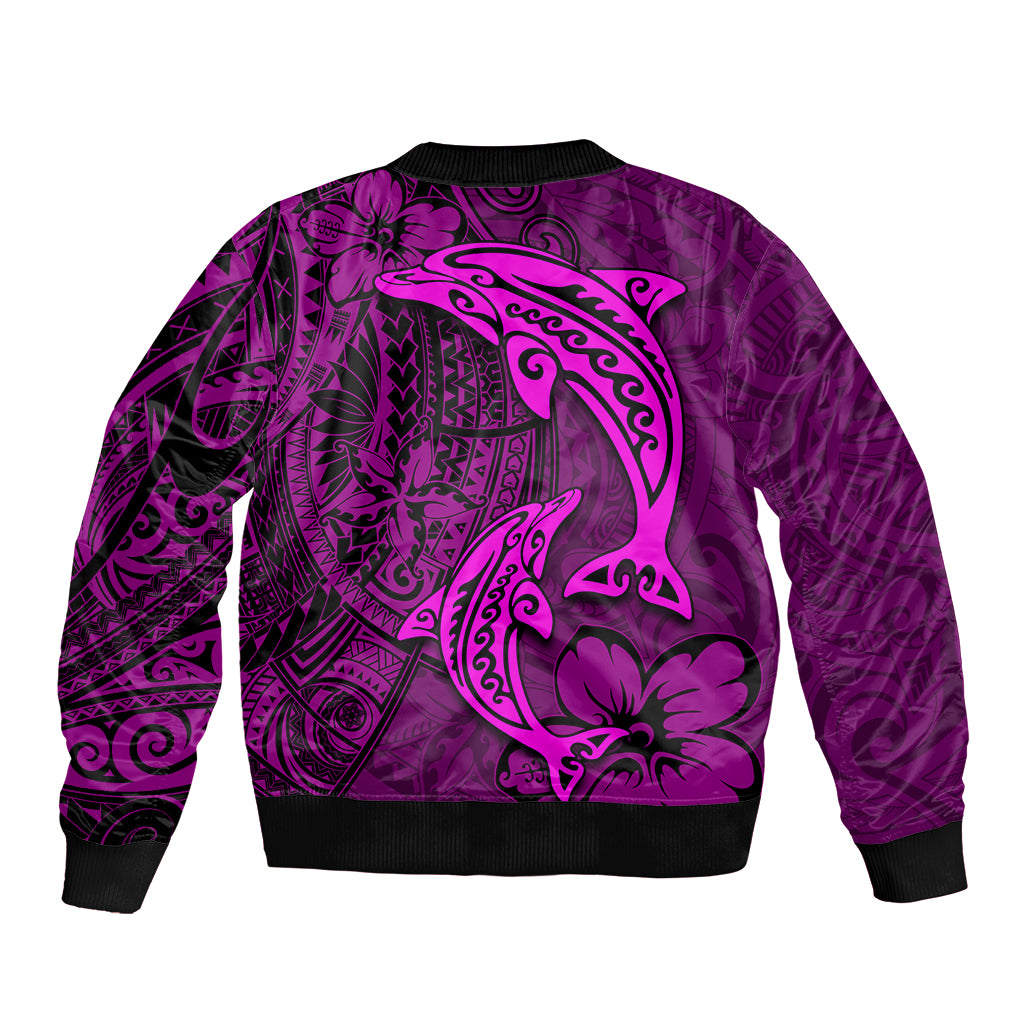 Polynesian Dolphin Valentine Day Sleeve Zip Bomber Jacket Hibiscus and Tribal Tattoo Pink Style LT03 - Polynesian Pride