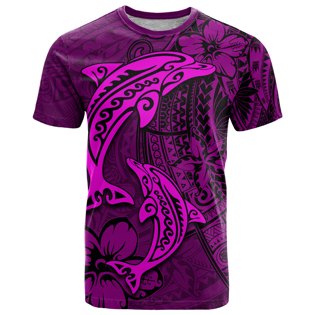 Polynesian Dolphin Valentine Day T Shirt Hibiscus and Tribal Tattoo Pink Style LT03 Pink - Polynesian Pride