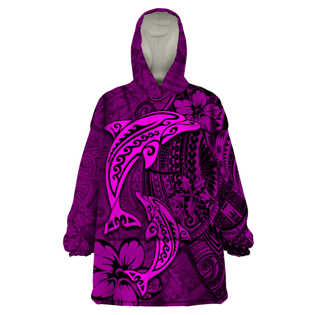 Polynesian Dolphin Valentine Day Wearable Blanket Hoodie Hibiscus and Tribal Tattoo Pink Style LT03 One Size Pink - Polynesian Pride