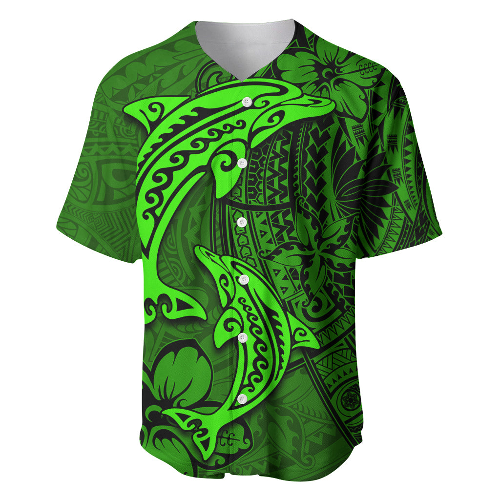 Polynesian Dolphin Valentine Day Baseball Jersey Hibiscus and Tribal Tattoo Green Style LT03 Green - Polynesian Pride