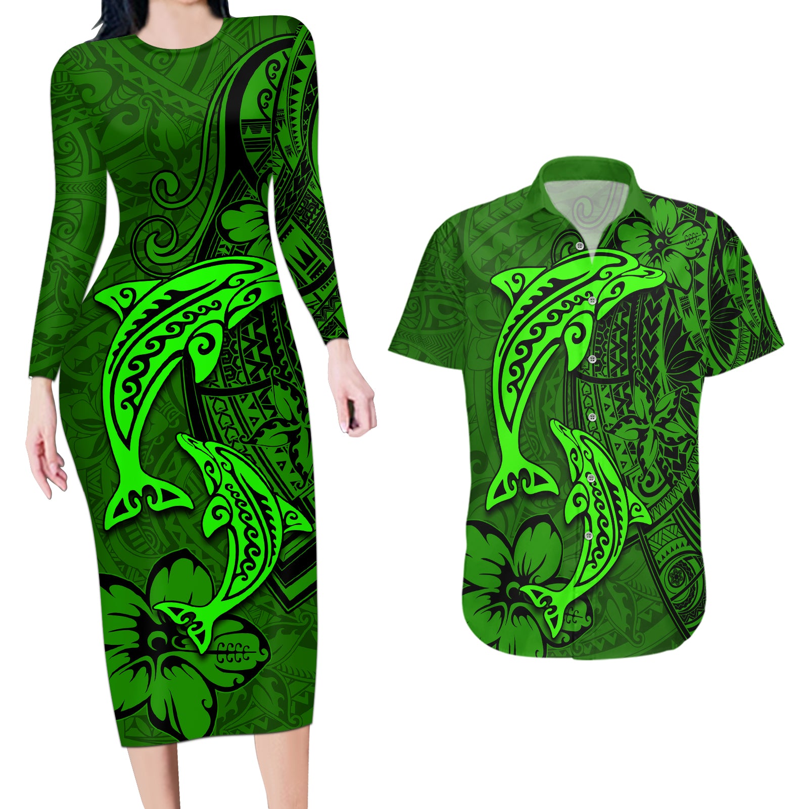 Polynesian Dolphin Valentine Day Couples Matching Long Sleeve Bodycon Dress and Hawaiian Shirt Hibiscus and Tribal Tattoo Green Style LT03 Green - Polynesian Pride