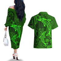 Polynesian Dolphin Valentine Day Couples Matching Off The Shoulder Long Sleeve Dress and Hawaiian Shirt Hibiscus and Tribal Tattoo Green Style LT03 - Polynesian Pride