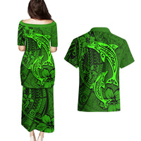 Polynesian Dolphin Valentine Day Couples Matching Puletasi and Hawaiian Shirt Hibiscus and Tribal Tattoo Green Style LT03 - Polynesian Pride