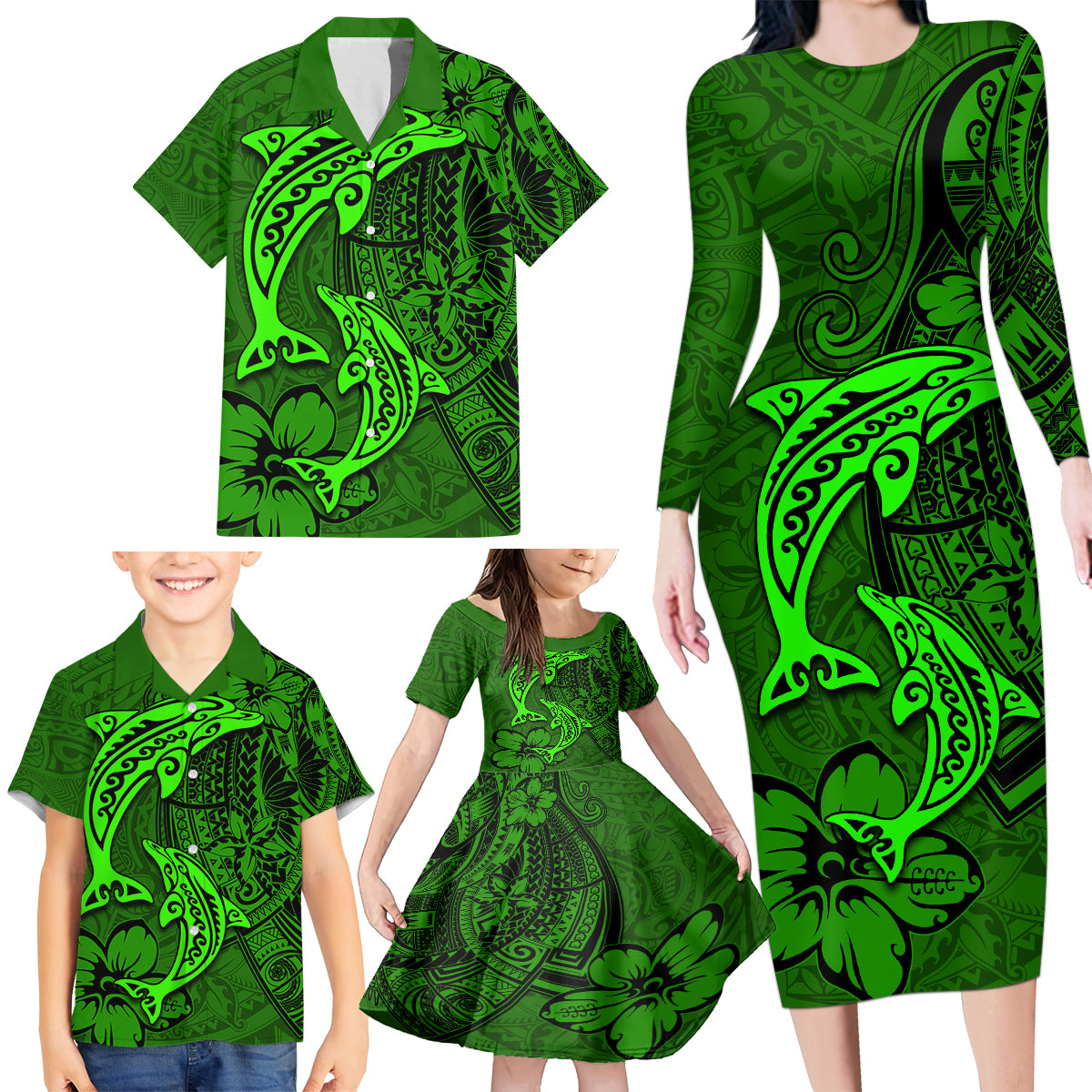 Polynesian Dolphin Valentine Day Family Matching Long Sleeve Bodycon Dress and Hawaiian Shirt Hibiscus and Tribal Tattoo Green Style LT03 - Polynesian Pride