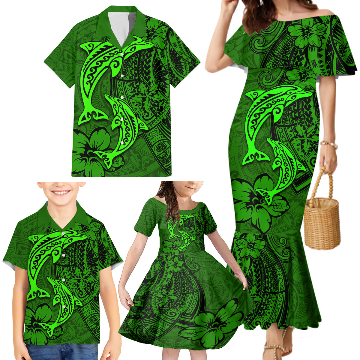 Polynesian Dolphin Valentine Day Family Matching Mermaid Dress and Hawaiian Shirt Hibiscus and Tribal Tattoo Green Style LT03 - Polynesian Pride