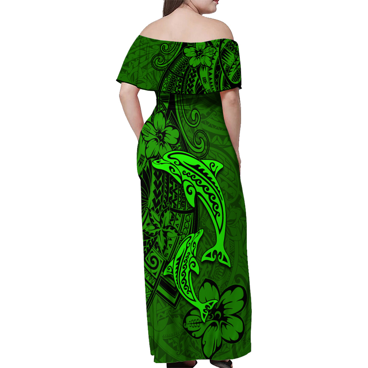 Polynesian Dolphin Valentine Day Family Matching Off Shoulder Maxi Dress and Hawaiian Shirt Hibiscus and Tribal Tattoo Green Style LT03 - Polynesian Pride
