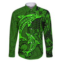 Polynesian Dolphin Valentine Day Family Matching Puletasi and Hawaiian Shirt Hibiscus and Tribal Tattoo Green Style LT03 Dad's Shirt - Long Sleeve Green - Polynesian Pride
