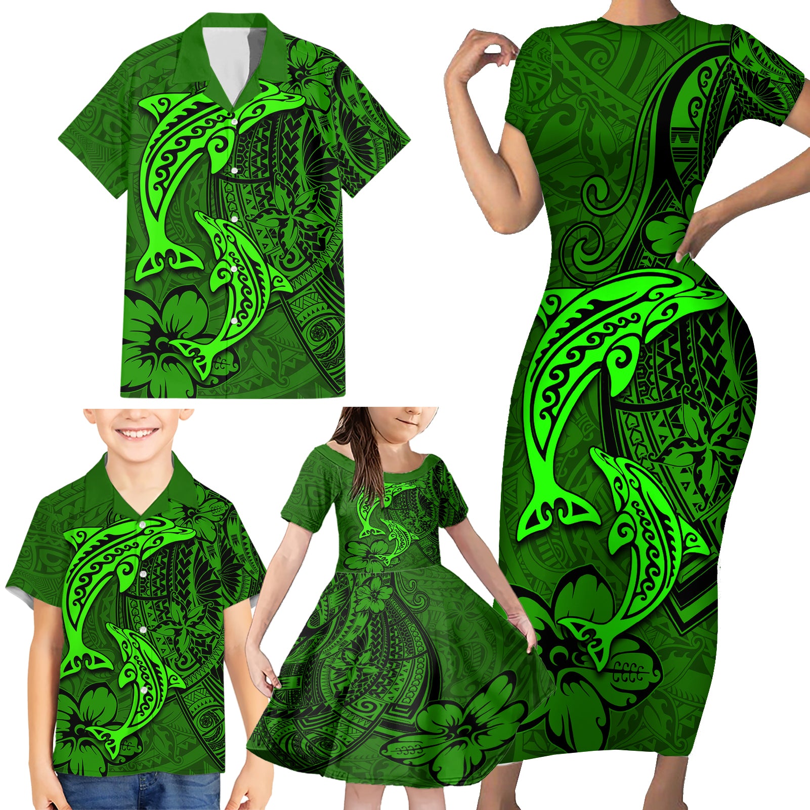 Polynesian Dolphin Valentine Day Family Matching Short Sleeve Bodycon Dress and Hawaiian Shirt Hibiscus and Tribal Tattoo Green Style LT03 - Polynesian Pride