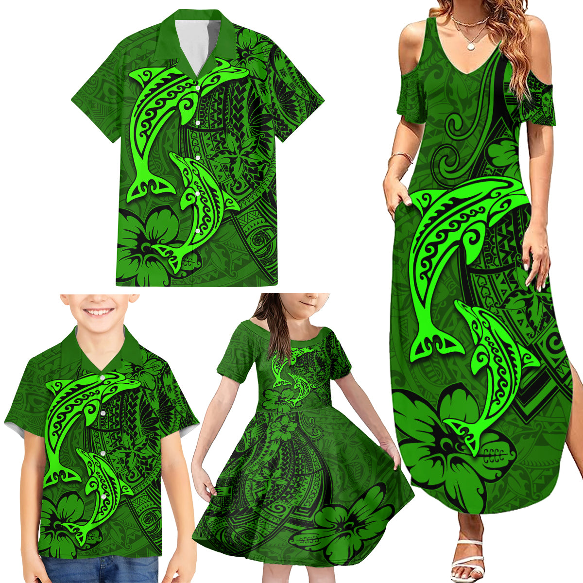 Polynesian Dolphin Valentine Day Family Matching Summer Maxi Dress and Hawaiian Shirt Hibiscus and Tribal Tattoo Green Style LT03 - Polynesian Pride