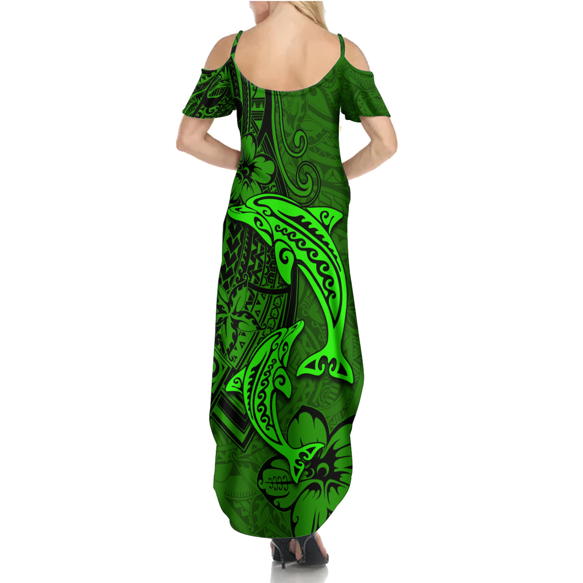 Polynesian Dolphin Valentine Day Family Matching Summer Maxi Dress and Hawaiian Shirt Hibiscus and Tribal Tattoo Green Style LT03 - Polynesian Pride