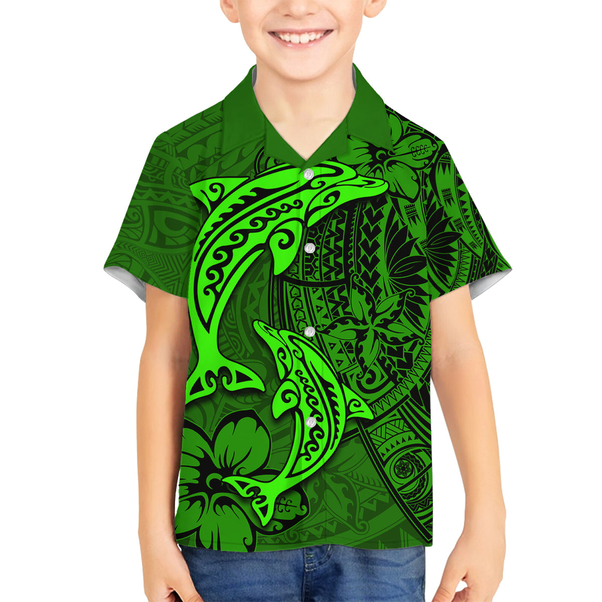 Polynesian Dolphin Valentine Day Family Matching Tank Maxi Dress and Hawaiian Shirt Hibiscus and Tribal Tattoo Green Style LT03 Son's Shirt Green - Polynesian Pride
