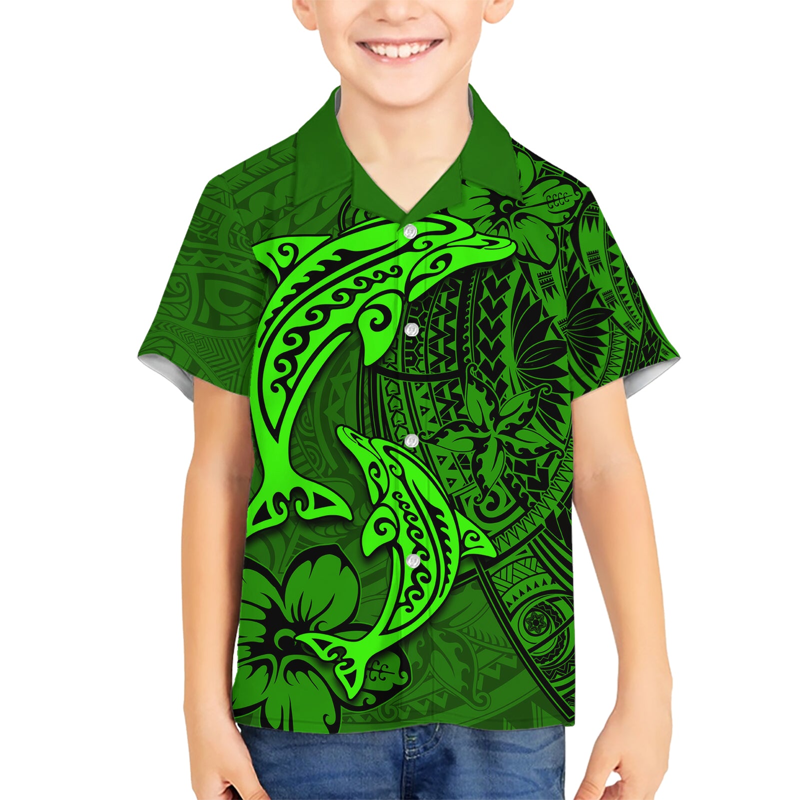 Polynesian Dolphin Valentine Day Kid Hawaiian Shirt Hibiscus and Tribal Tattoo Green Style LT03 Kid Green - Polynesian Pride