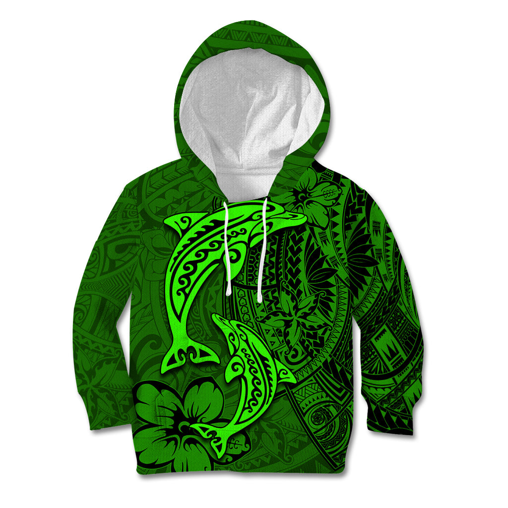 Polynesian Dolphin Valentine Day Kid Hoodie Hibiscus and Tribal Tattoo Green Style LT03 Hoodie Green - Polynesian Pride