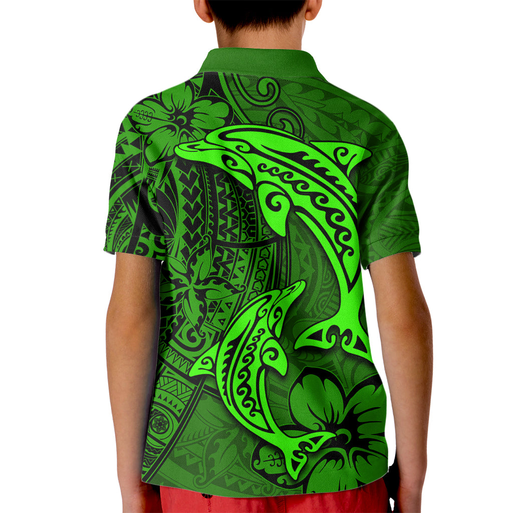 Polynesian Dolphin Valentine Day Kid Polo Shirt Hibiscus and Tribal Tattoo Green Style LT03 - Polynesian Pride