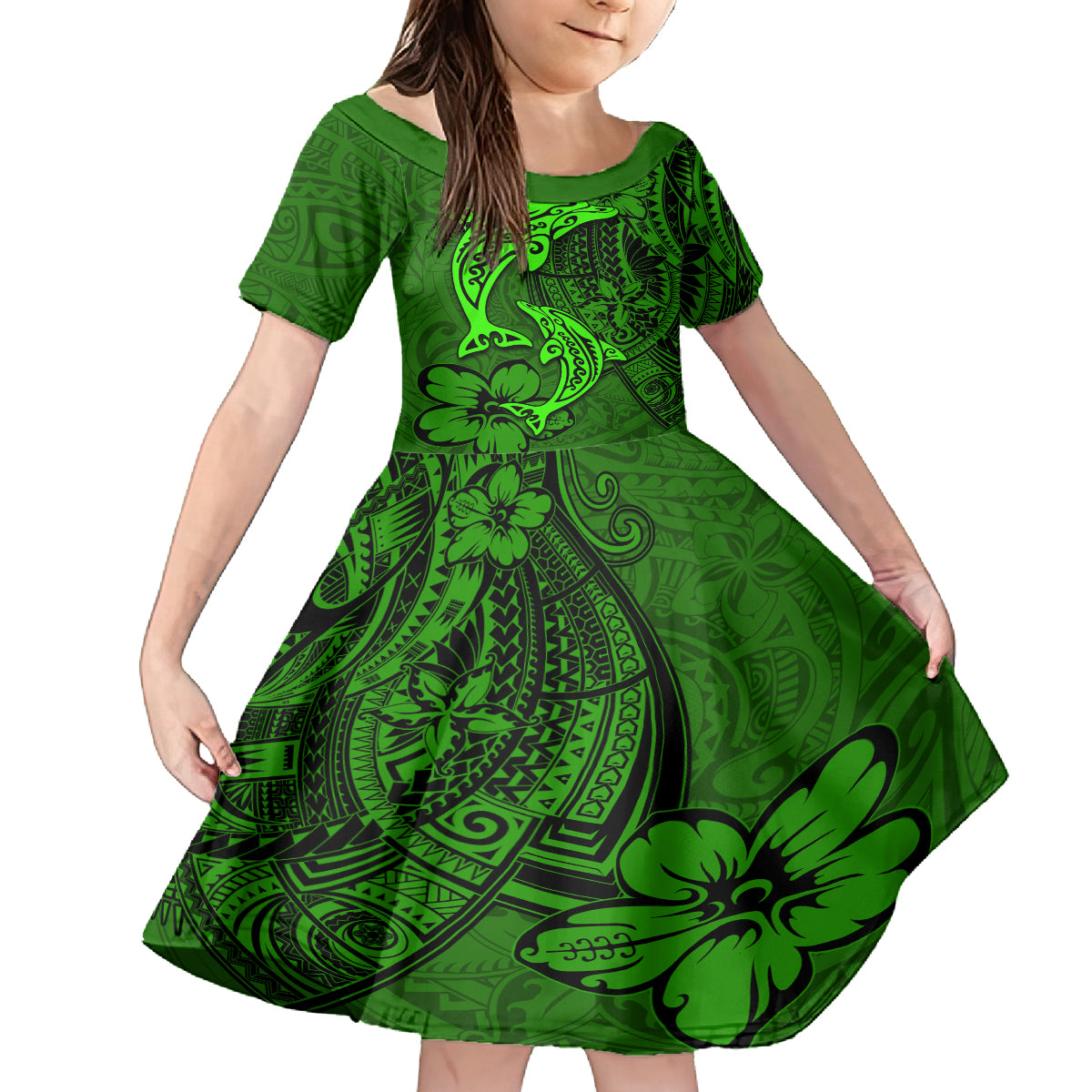 Polynesian Dolphin Valentine Day Kid Short Sleeve Dress Hibiscus and Tribal Tattoo Green Style LT03 KID Green - Polynesian Pride