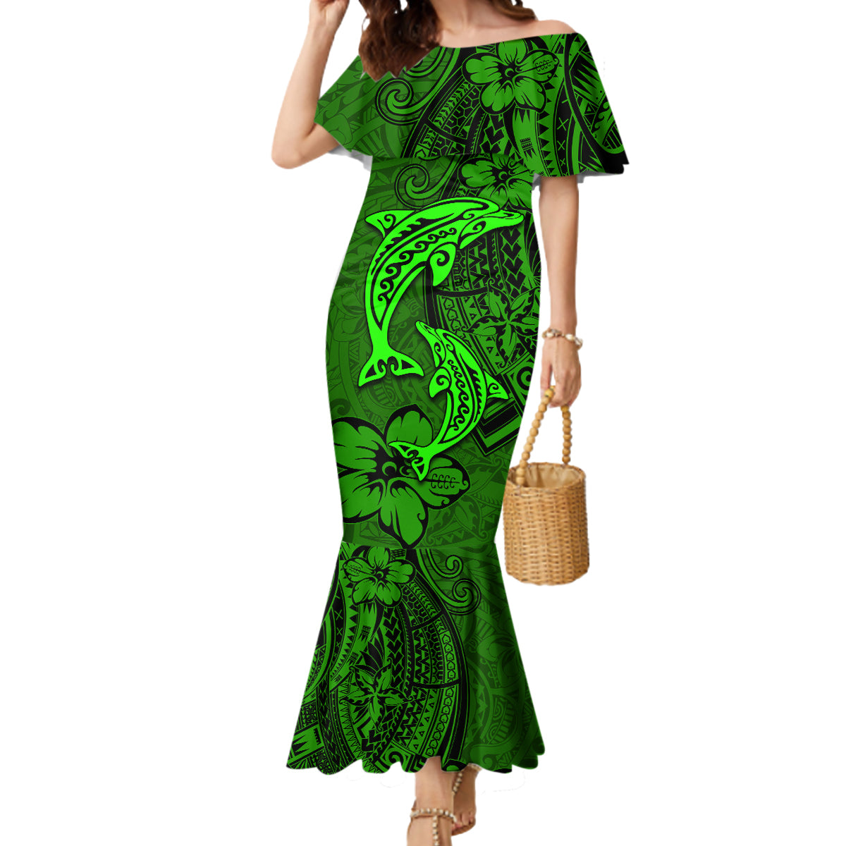 Polynesian Dolphin Valentine Day Mermaid Dress Hibiscus and Tribal Tattoo Green Style LT03 Women Green - Polynesian Pride