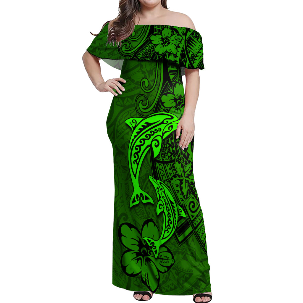 Polynesian Dolphin Valentine Day Off Shoulder Maxi Dress Hibiscus and Tribal Tattoo Green Style LT03 Women Green - Polynesian Pride