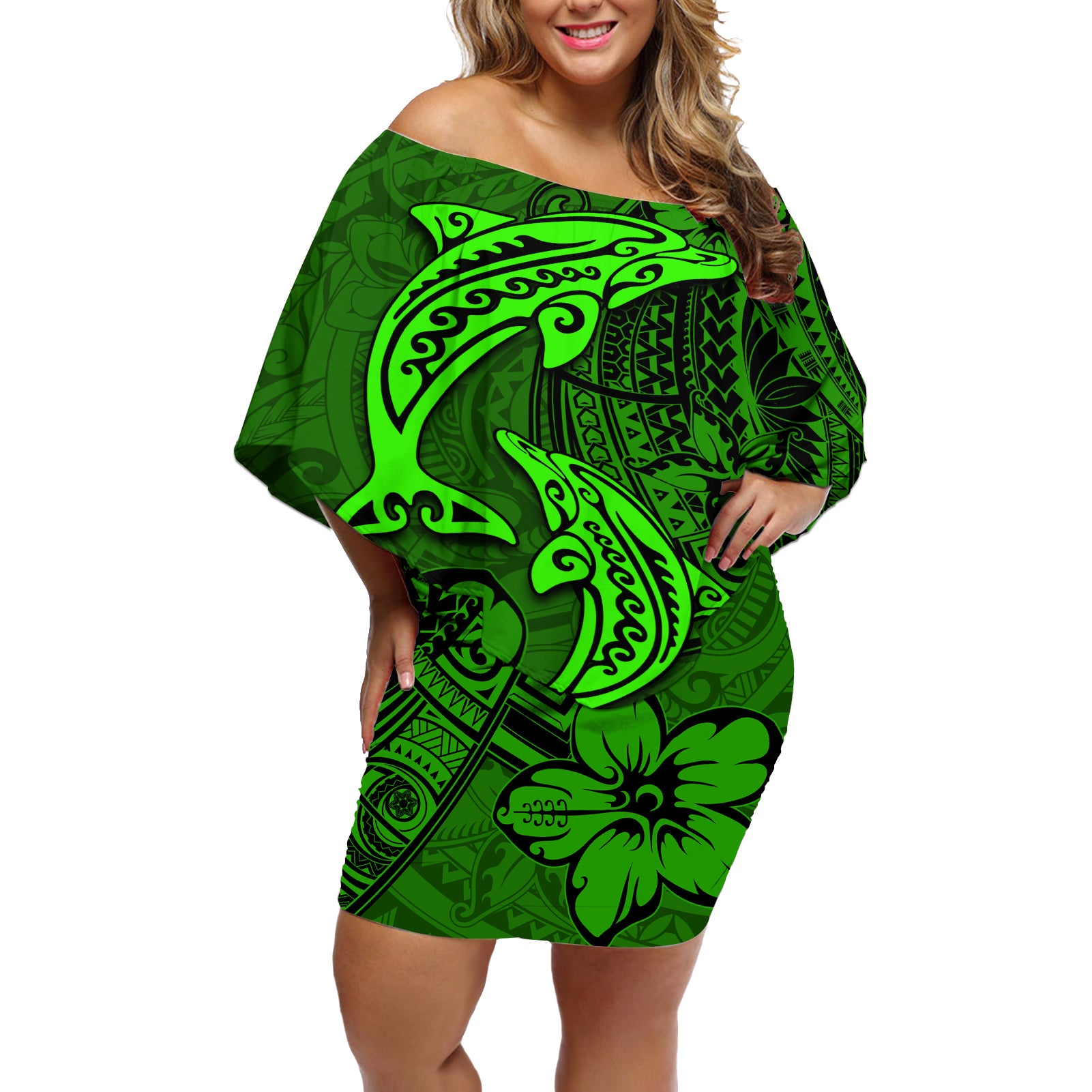 Polynesian Dolphin Valentine Day Off Shoulder Short Dress Hibiscus and Tribal Tattoo Green Style LT03 Women Green - Polynesian Pride