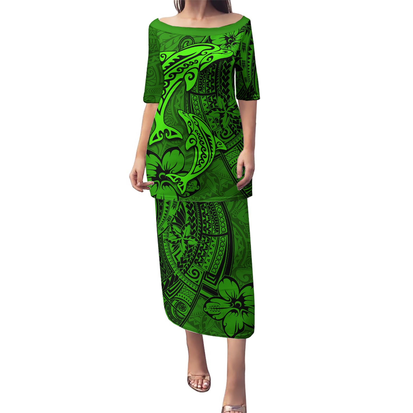 Polynesian Dolphin Valentine Day Puletasi Hibiscus and Tribal Tattoo Green Style LT03 Long Dress Green - Polynesian Pride