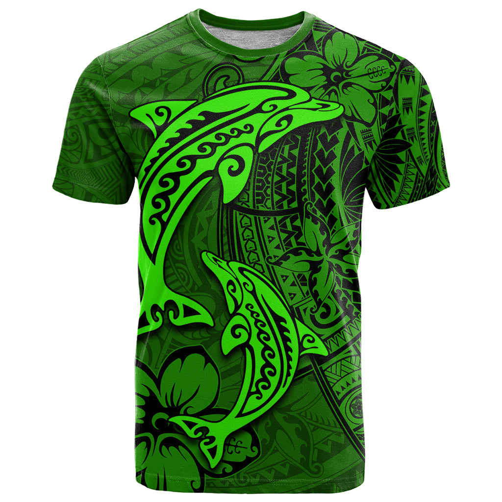 Polynesian Dolphin Valentine Day T Shirt Hibiscus and Tribal Tattoo Green Style LT03 Green - Polynesian Pride