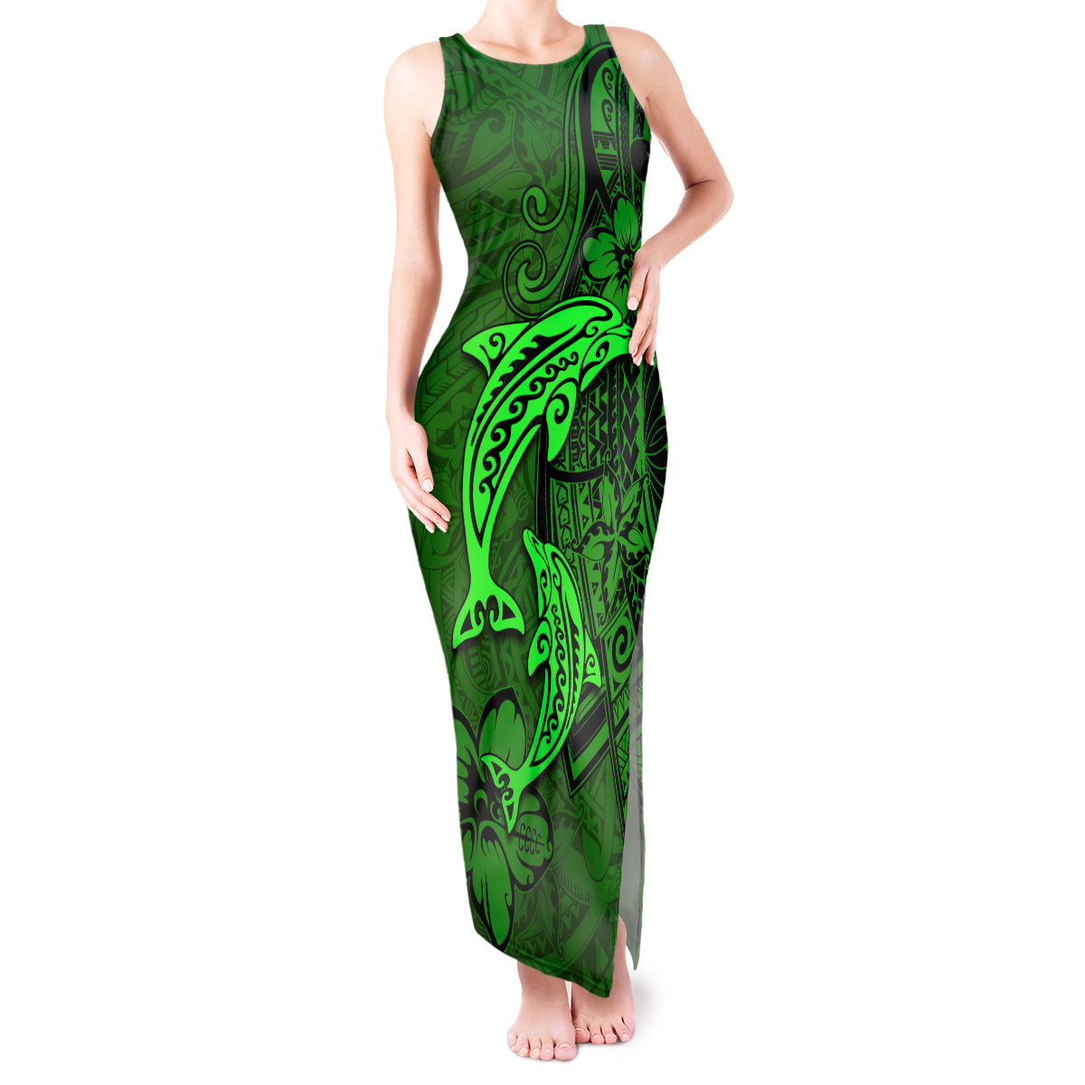 Polynesian Dolphin Valentine Day Tank Maxi Dress Hibiscus and Tribal Tattoo Green Style LT03 Women Green - Polynesian Pride