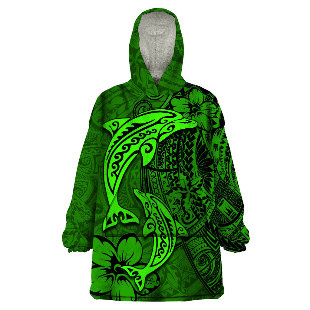 Polynesian Dolphin Valentine Day Wearable Blanket Hoodie Hibiscus and Tribal Tattoo Green Style LT03 One Size Green - Polynesian Pride