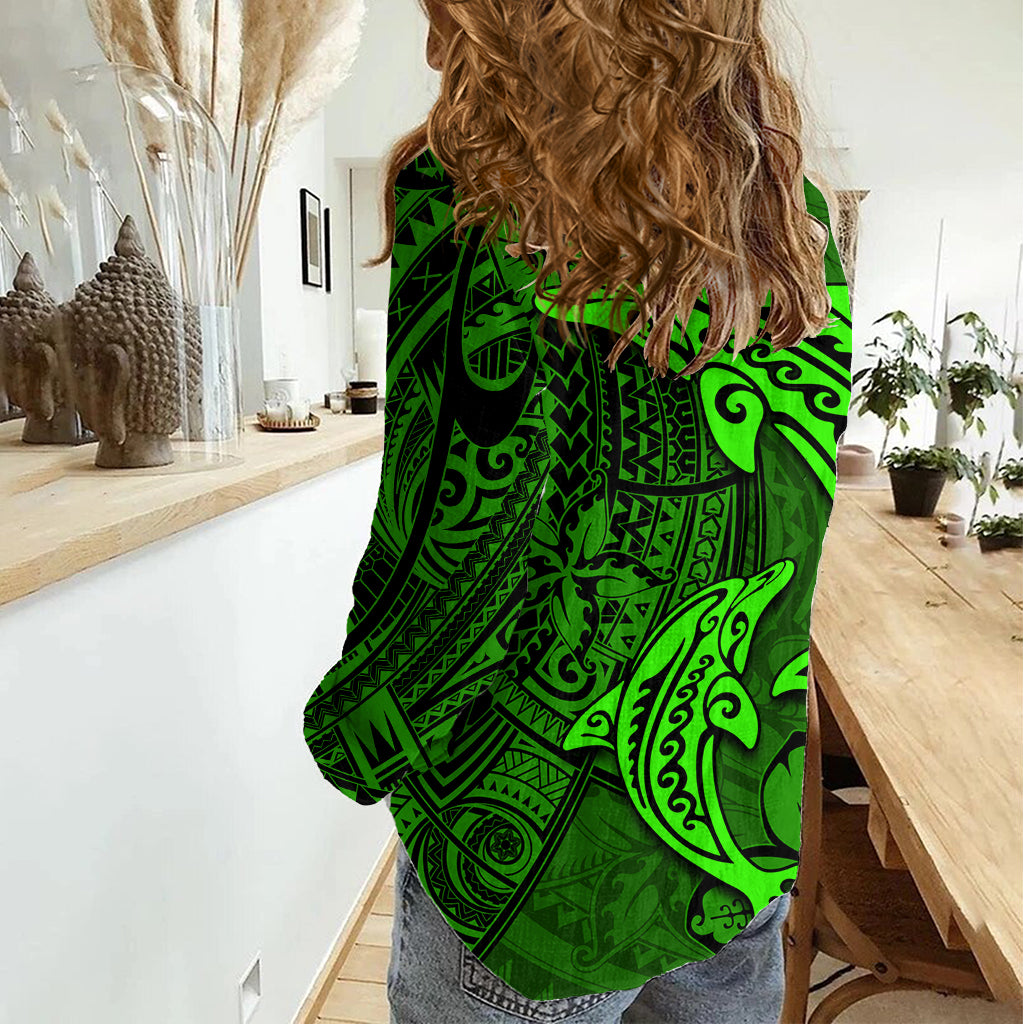 Polynesian Dolphin Valentine Day Women Casual Shirt Hibiscus and Tribal Tattoo Green Style LT03 - Polynesian Pride