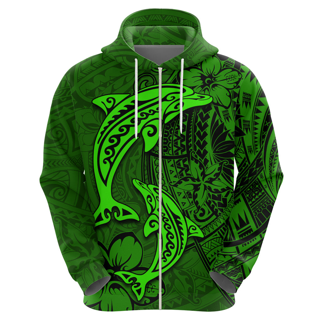 Polynesian Dolphin Valentine Day Zip Hoodie Hibiscus and Tribal Tattoo Green Style LT03 - Polynesian Pride