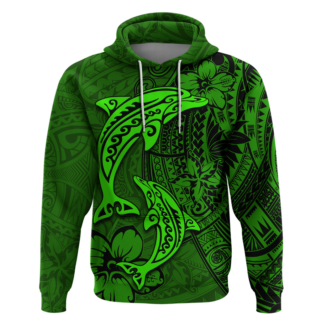 Polynesian Dolphin Valentine Day Zip Hoodie Hibiscus and Tribal Tattoo Green Style LT03 Pullover Hoodie Green - Polynesian Pride