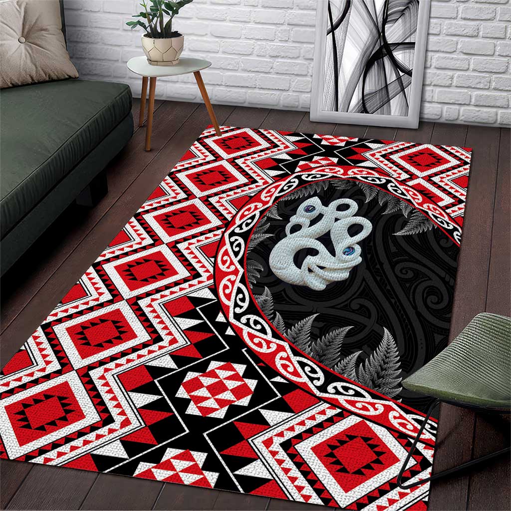 Red Taniko Motif Aotearoa Manaia and Silver Fern Area Rug LT03 Red - Polynesian Pride