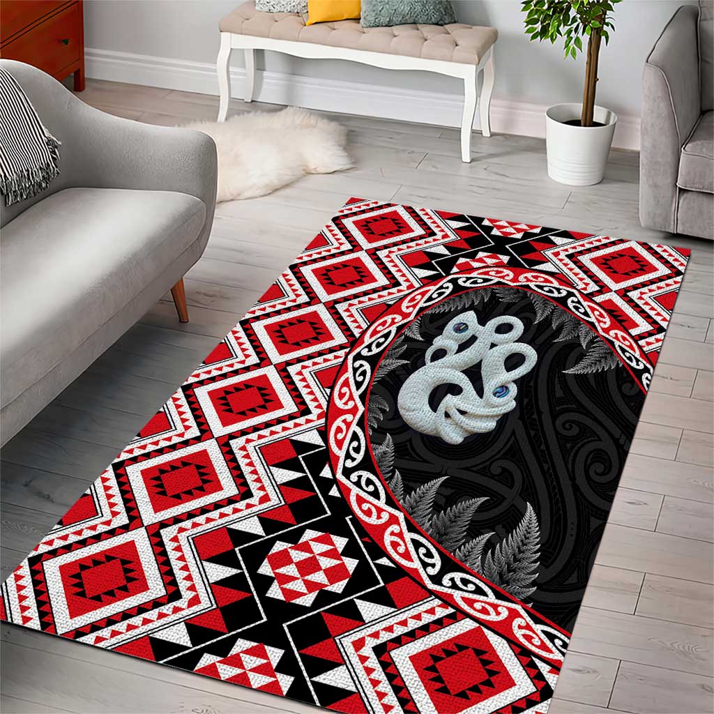 Red Taniko Motif Aotearoa Manaia and Silver Fern Area Rug LT03 - Polynesian Pride