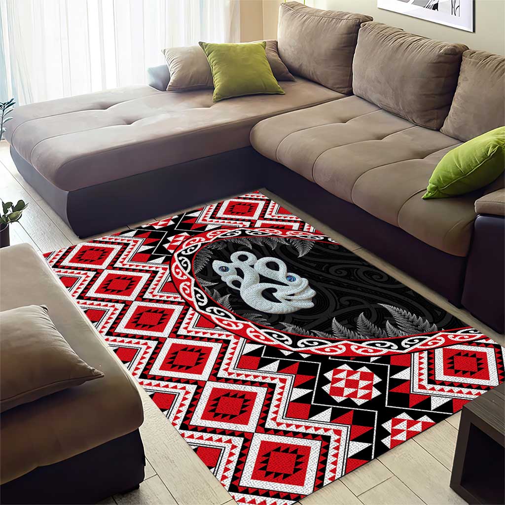 Red Taniko Motif Aotearoa Manaia and Silver Fern Area Rug LT03 - Polynesian Pride