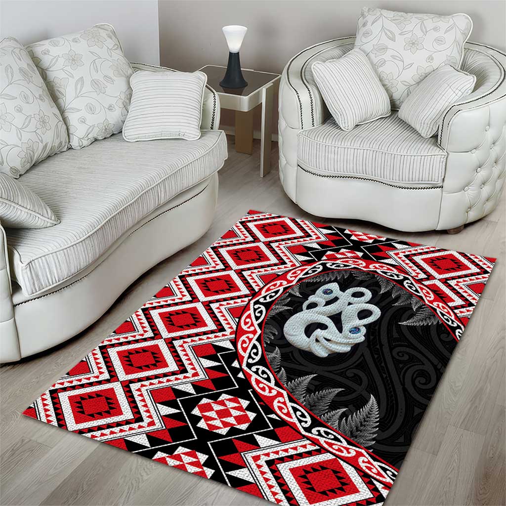 Red Taniko Motif Aotearoa Manaia and Silver Fern Area Rug LT03 - Polynesian Pride