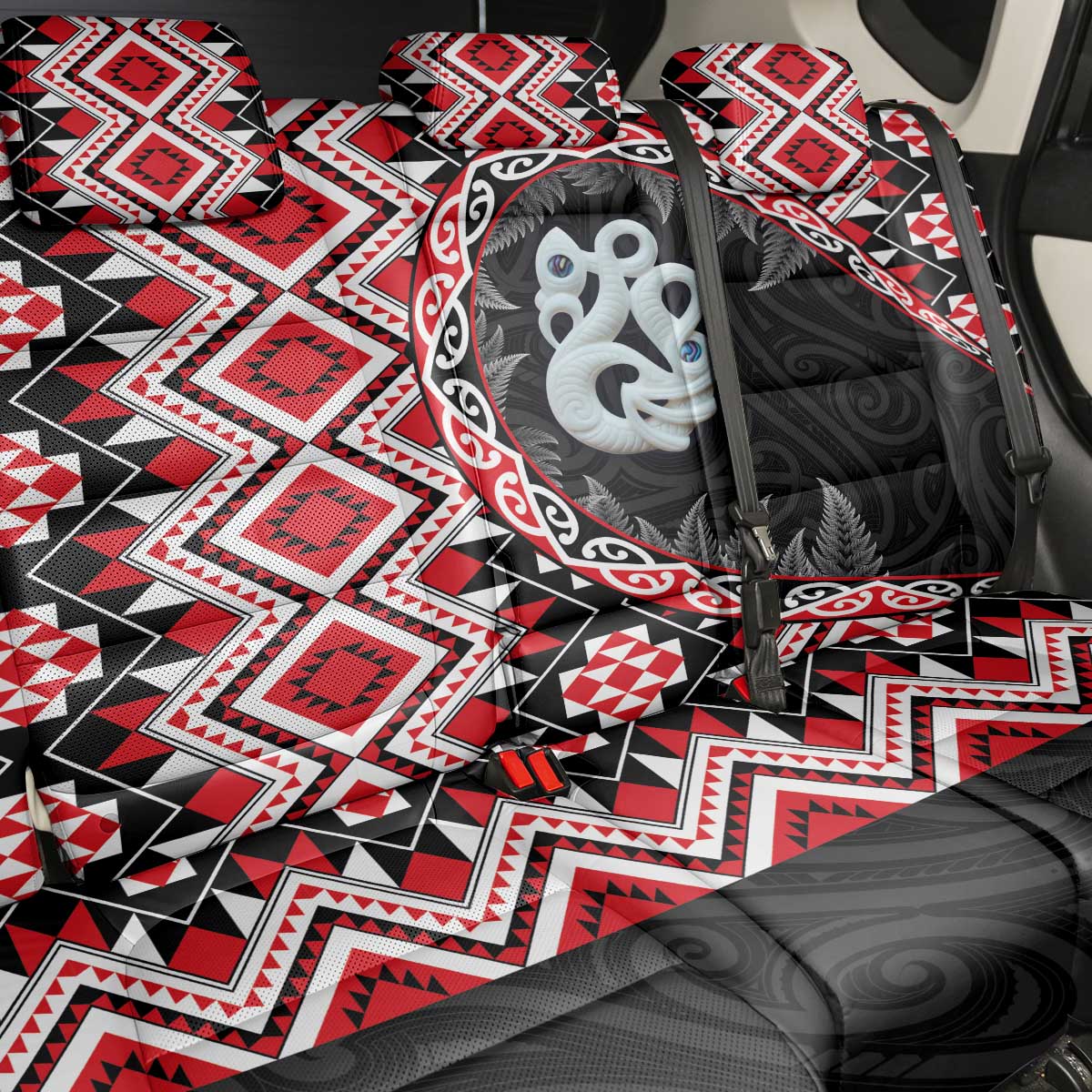 Red Taniko Motif Aotearoa Manaia and Silver Fern Back Car Seat Cover