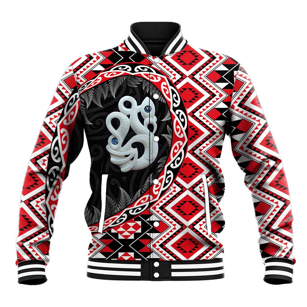 Red Taniko Motif Aotearoa Manaia and Silver Fern Baseball Jacket
