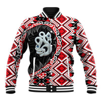 Red Taniko Motif Aotearoa Manaia and Silver Fern Baseball Jacket