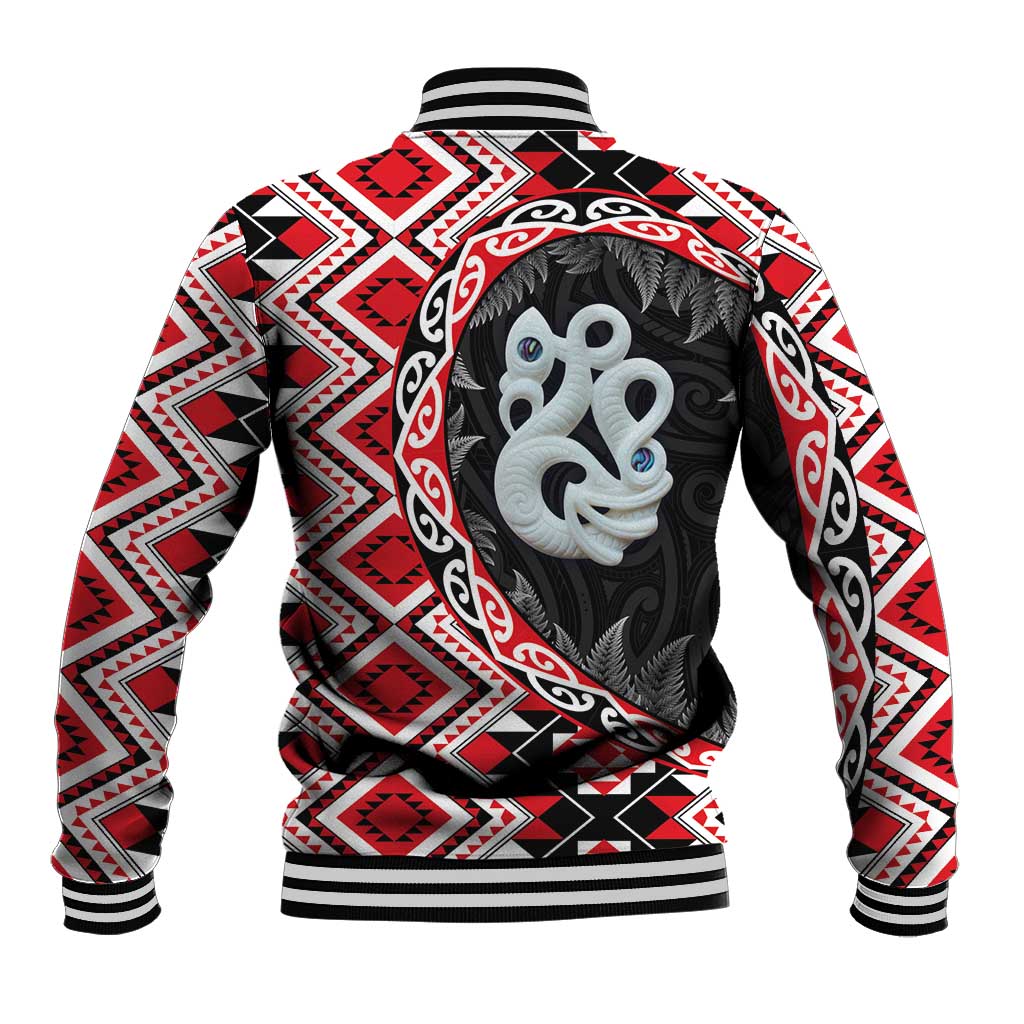 Red Taniko Motif Aotearoa Manaia and Silver Fern Baseball Jacket