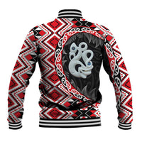 Red Taniko Motif Aotearoa Manaia and Silver Fern Baseball Jacket