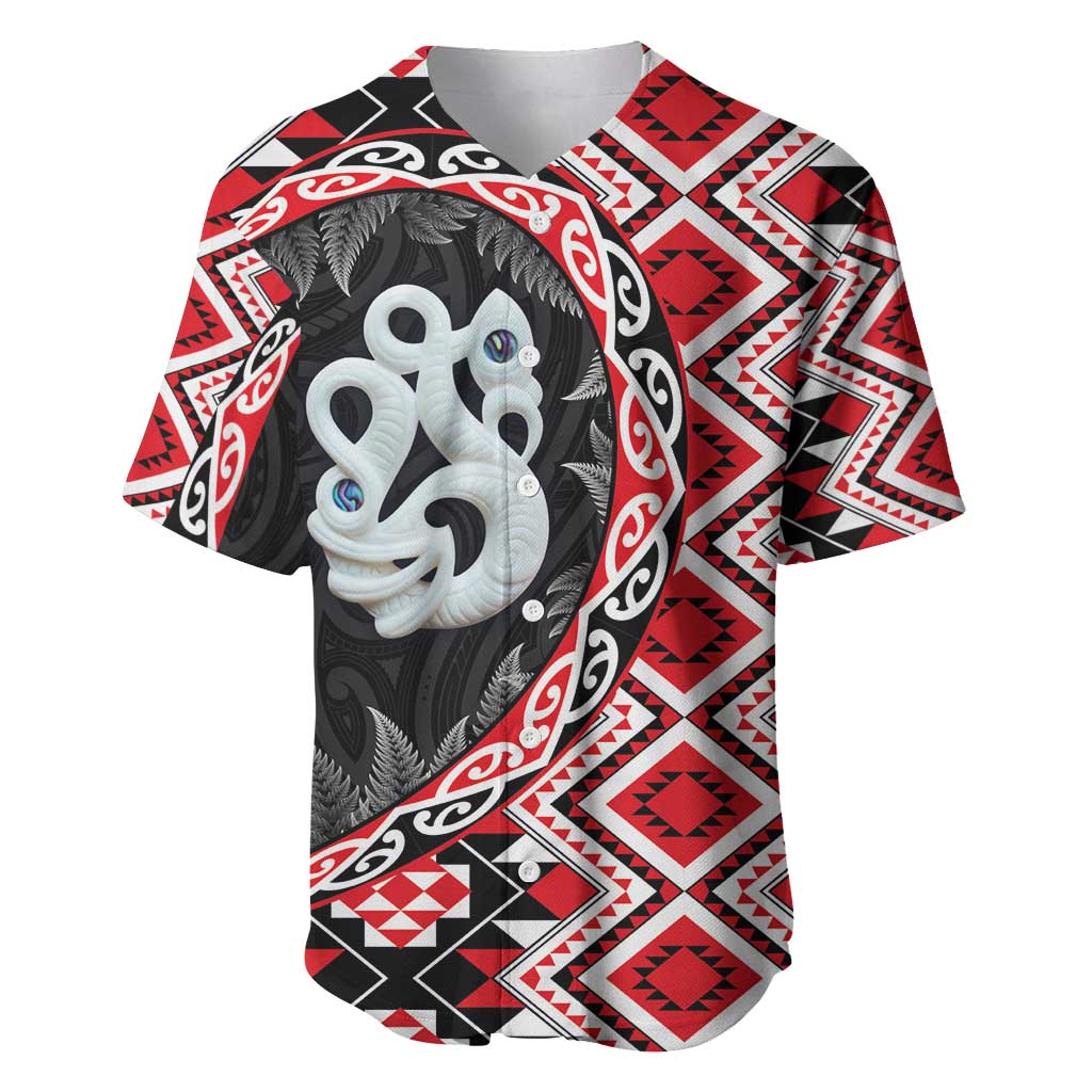 Red Taniko Motif Aotearoa Manaia and Silver Fern Baseball Jersey