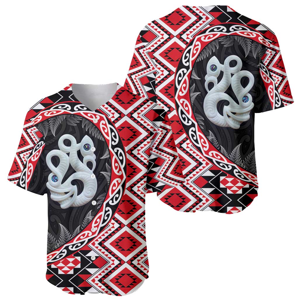 Red Taniko Motif Aotearoa Manaia and Silver Fern Baseball Jersey