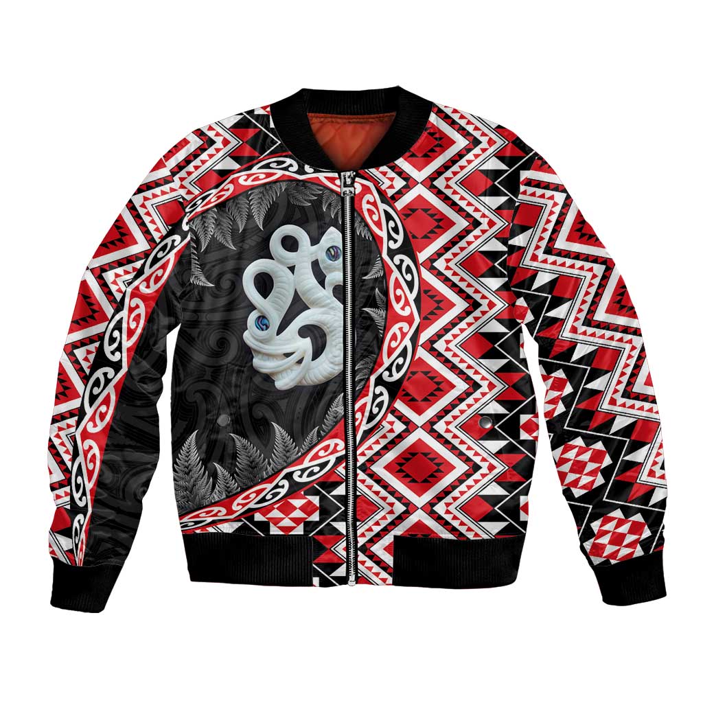 Red Taniko Motif Aotearoa Manaia and Silver Fern Bomber Jacket